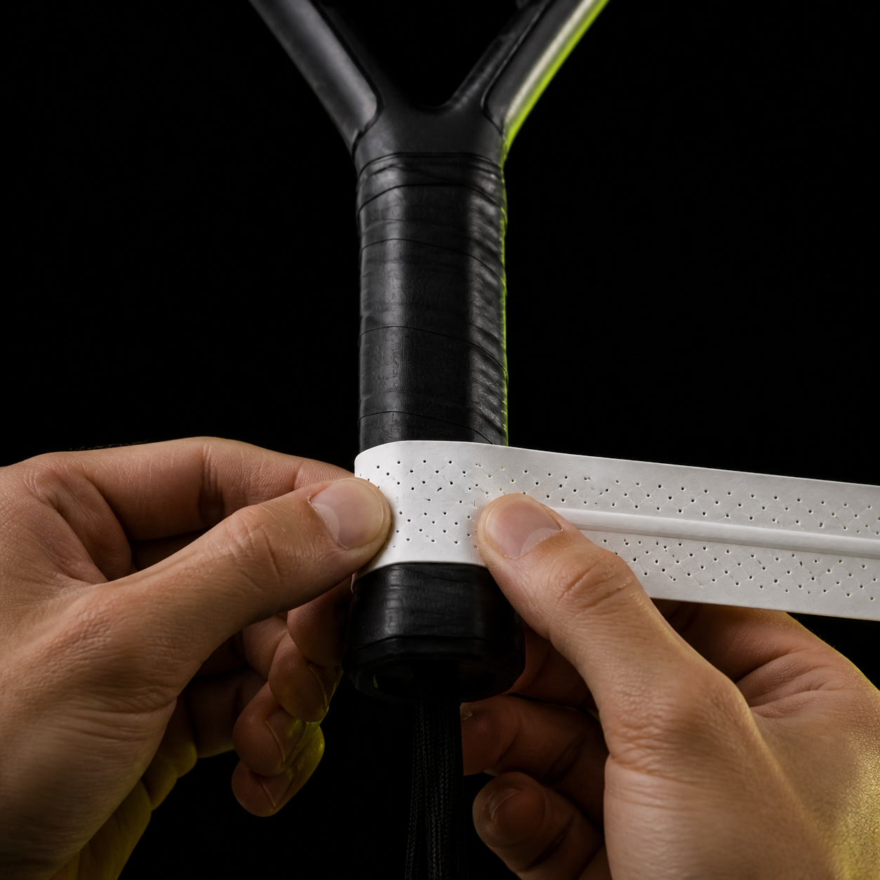 Colocar el extremo del overgrip en la parte inferior del mango